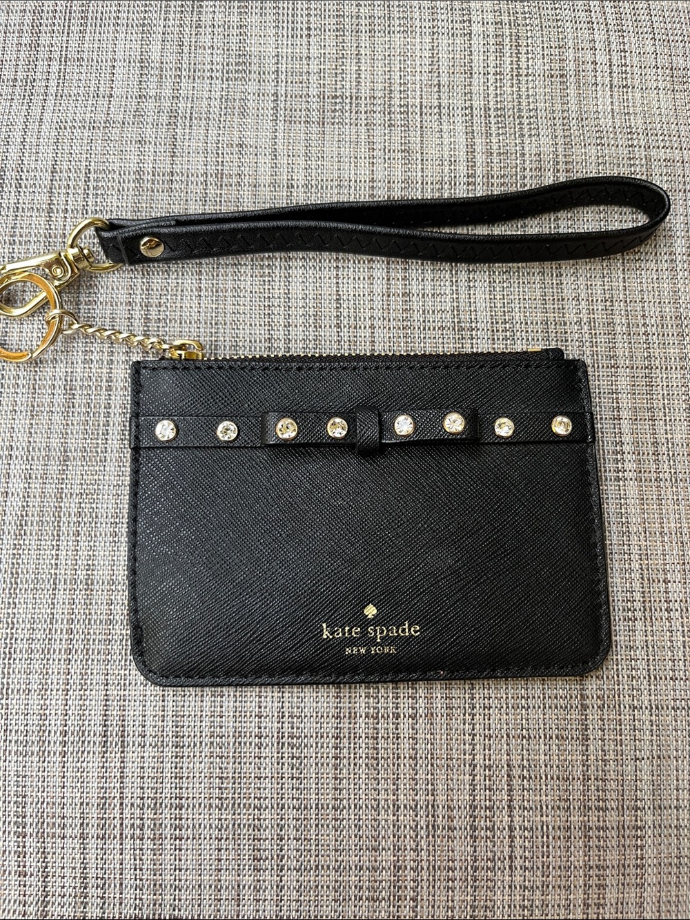 kate spade black wristlet wallet key holder with rhinestone trim